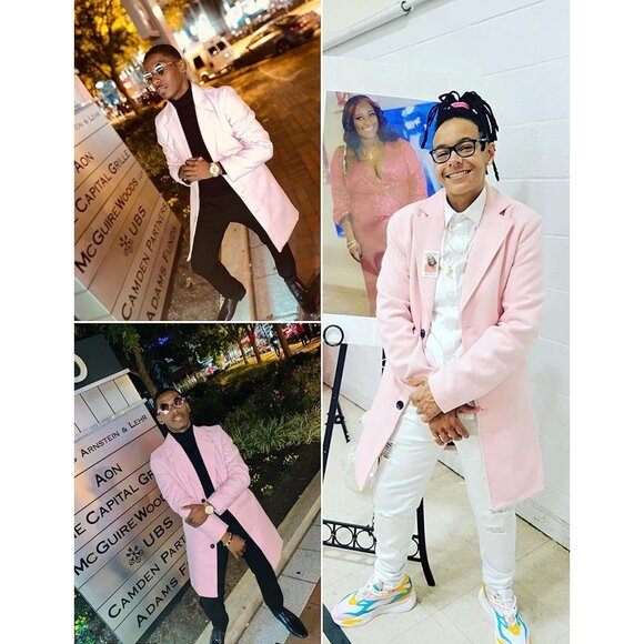 ✨Men Pink Wool Blend Pea Coat Notched Collar Single Overcoat Warm Trench Coat - Picture 5 of 8